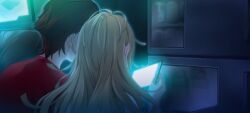 1boy 1girl fingernails from_behind fukuda_tomonori game_cg hair_down highres holding holding_tablet_pc indoors koujiro_frau long_hair looking_at_phone loungewear messy_hair non-web_source official_art phone red_hair red_shirt robotics;notes screen_light shirt short_hair t-shirt tablet_pc tank_top vending_machine yashio_kaito