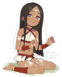 1girl arm_tattoo armpit_crease bandaged_arm bandaged_leg bandages bare_shoulders barefoot black_hair blush collarbone dark-skinned_female dark_skin eyelashes fingernails flying_sweatdrops green_eyes grey_background leg_tattoo long_hair moyori multicolored_eyes navel open_mouth original purple_eyes simple_background sitting solo sweat sweatdrop tattoo tribal tribal_tattoo wariza