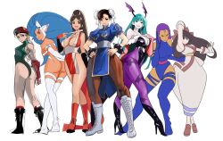 6+girls ainu_clothes animal_ears aqua_eyes arm_behind_head armpits ass black_eyes black_hair blonde_hair blue_hair boots braid breasts brown_eyes brown_hair cammy_white capcom capcom_vs_snk cat_ears chun-li cleavage crossover darkstalkers double_bun fatal_fury feet felicia_(darkstalkers) fingerless_gloves gloves green_eyes hair_bun hair_over_one_eye hair_ribbon hand_on_own_chest hands_on_own_hips highres large_breasts leaning_forward legs leotard long_hair looking_at_viewer marvel marvel_vs._capcom meke_(77842928) morrigan_aensland multiple_girls nakoruru open_mouth pants ponytail psylocke purple_hair ribbon samurai_spirits shiranui_mai smile snk street_fighter the_king_of_fighters thighs twin_braids