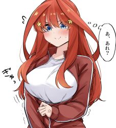 1girl blue_eyes breasts commentary_request go-toubun_no_hanayome gym_uniform hair_ornament highres jacket large_breasts long_hair mame1645 nakano_itsuki partially_unzipped red_hair red_jacket shirt short_hair solo speech_bubble star_(symbol) star_hair_ornament sweatdrop thought_bubble track_jacket translation_request undersized_clothes white_background white_shirt