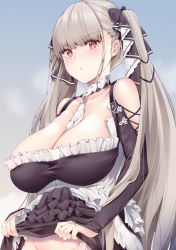 Rule 34 | 1girl, amasora taichi, azur lane, bare shoulders, between breasts, black choker, black dress, black ribbon, blush, breasts, choker, cleavage, closed mouth, clothes lift, collarbone, dress, dress lift, female focus, formidable (azur lane), frilled dress, frills, frown, groin, hair between eyes, hair ribbon, highres, large breasts, lifting own clothes, lips, long hair, long sleeves, looking at viewer, no panties, out-of-frame censoring, red eyes, ribbon, silver hair, solo, twintails, two-tone dress, two-tone ribbon, upper body, very long hair, white choker, white dress, white ribbon