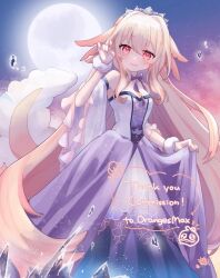 :d alternate_costume blonde_hair breasts commentary commission dress english_commentary full_moon hair_between_eyes hair_intakes kozue_renka long_hair looking_at_viewer lottie_shinju moon open_mouth pink_eyes pixellink purple_dress purple_nails second-party_source sidelocks skirt_hold smile thank_you tiara very_long_hair virtual_youtuber