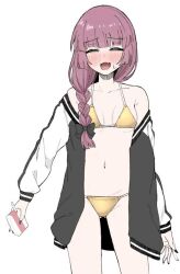 1girl alcohol_carton bikini black_nails bocchi_the_rock! braid drunk gold_bikini hime_cut hiroi_kikuri holding_carton jacket letterman_jacket non-web_source purple_hair single_braid smile source_request swimsuit