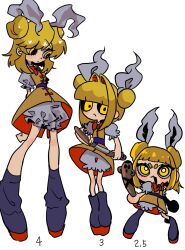 Rule 34 | 3girls, arms behind back, belt, blonde hair, bloomers, blunt bangs, blunt ends, blush, boots, bow, bowtie, chibi, closed mouth, commentary request, double bun, dress, dress bow, full body, grey shirt, hair bun, hair ribbon, haniwa (statue), haniwa kue, height difference, highres, holding, holding sword, holding weapon, joutouguu mayumi, looking at another, looking at viewer, multiple girls, multiple persona, open mouth, pinafore dress, puffy short sleeves, puffy sleeves, purple belt, purple boots, red bow, red bowtie, red dress, red pupils, ribbon, shirt, short hair, short sleeves, sidelocks, simple background, sleeveless, sleeveless dress, smile, standing, sword, touhou, two-sided dress, two-sided fabric, underwear, v-shaped eyebrows, weapon, white background, white ribbon, yellow dress, yellow eyes