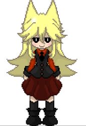 1girl animal_ears bad_id bad_twitter_id black_eyes black_necktie black_shoes black_vest blonde_hair bright_pupils closed_mouth collared_shirt commentary english_commentary full_body funamusea hair_between_eyes iesonatana inactive_account long_hair long_sidelocks long_sleeves looking_at_viewer miniskirt moge-ko mogeko_castle necktie pixel_art pleated_skirt red_shirt red_skirt shirt shoes sidelocks simple_background skirt smile solo standing straight-on very_long_hair vest white_background white_pupils