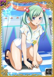 1girl aqua_hair blue_eyes blush breasts card_(medium) checkered_floor collarbone competition eyebrows female_focus floor flower full_body hair_bobbles hair_ornament ikkitousen kneeling legs long_hair looking_at_viewer no_socks official_art one-piece_swimsuit open_mouth shiny_skin shoes shokatsuryou_koumei short_sleeves small_breasts solo swimsuit white_one-piece_swimsuit