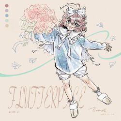 1girl :d abingbeey absurdres ahoge blue_eyes blue_shirt bouquet bow brown_background brown_hair brown_slippers cape character_name flower flutterpage foot_up full_body hair_bow highres looking_at_viewer open_mouth outstretched_arms reverse:1999 rose shirt short_hair shorts simple_bird slippers smile socks solo spread_arms standing standing_on_one_leg white_cape white_shorts white_socks
