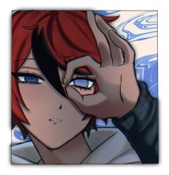 1boy absurdres black_streaks blue_background blue_eyes border brunchcorpse commentary english_commentary grey_eyes heterochromia highres hood hoodie jacket male_focus multicolored_hair official_alternate_eye_color ok_sign ok_sign_over_eye parted_lips portrait red_hair short_hair sparkle spoilers streaked_hair sumino_takumi the_hundred_line_-last_defense_academy- three-toned_background white_background white_border white_hoodie