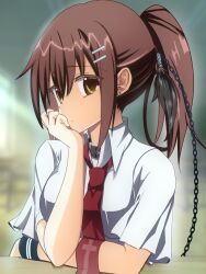 1girl :/ arm_on_table black_choker black_wrist_cuffs blurry blurry_background brown_eyes brown_hair chain choker closed_mouth collared_shirt colored_eyelashes commentary_request cross cross_print earrings eyes_visible_through_hair frown hair_between_eyes hair_ornament hairclip hand_up head_rest highres indoors jewelry long_hair looking_at_viewer minakami_yuki necktie ponytail print_necktie red_necktie school_uniform shirt short_sleeves sidelocks single_wrist_cuff solo stud_earrings subarashiki_hibi upper_body user_tpsy4455 white_shirt wrist_cuffs