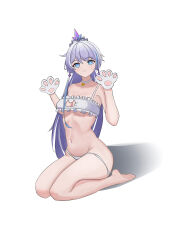 1girl absurdres animal_hands barefoot bell blue_eyes bra breasts cat_cutout chinese_commentary clothing_cutout commentary_request cq33 feet gloves highres honkai_(series) honkai_impact_3rd kiana_kaslana long_hair medium_breasts navel neck_bell panties paw_gloves ponytail seiza simple_background sitting soles solo stomach tiara underboob underwear white_background white_bra white_hair white_panties