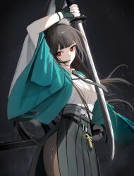 Rule 34 | 1girl, absurdres, animal ear fluff, animal ears, black hair, black pantyhose, black skirt, blue jacket, blunt bangs, fox ears, fox girl, highres, holding, holding sword, holding weapon, hoshimi miyabi, jacket, katana, long hair, looking at viewer, pantyhose, red eyes, shirt, skirt, solo, sword, thomas 8000, weapon, white shirt, wide sleeves, zenless zone zero