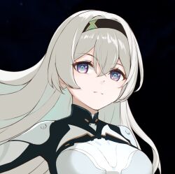 1girl black_background black_hairband breasts closed_mouth firefly_(ar-26710)_(honkai:_star_rail) firefly_(honkai:_star_rail) gmg_(jiang35562897) grey_hair hair_between_eyes hair_ornament hairband honkai:_star_rail honkai_(series) large_breasts long_hair looking_at_viewer official_alternate_costume pink_eyes simple_background upper_body