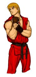 1boy adjusting_clothes adjusting_gloves blonde_hair brown_eyes capcom_vs_snk dougi fingerless_gloves game_cg gloves highres karate_gi ken_masters looking_to_the_side male_focus martial_arts_belt mma_gloves mori_toshiaki muscular muscular_male non-web_source official_art simple_background sleeveless smile solo street_fighter veins veiny_arms white_background