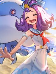 1girl acerola_(pokemon) acerola_(summer_2024)_(pokemon) armlet beach blue_sailor_collar blue_sky blush closed_mouth dress gen_5_pokemon hair_ornament hat highres jellicent jellicent_(male) jellyfish jewelry namekuj1hey neckerchief nintendo ocean official_alternate_costume open_mouth outdoors pokemon pokemon_(creature) pokemon_masters_ex purple_hair red_neckerchief ribbon sailor_collar sailor_dress sailor_hat short_hair sky sleeveless sleeveless_dress smile sunset water white_dress wrist_ribbon