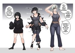 2girls artist_collaboration barefoot belt black_eyes black_hair black_hoodie black_socks breasts brown_belt chainsaw_man clare_(erasethismail) denim english_text erasethismail eyepatch grey_hair grey_pants grey_tank_top hand_on_own_head hand_on_own_hip highres hood hoodie jeans kaiza-tg large_breasts multiple_girls original pants ponytail quanxi_(chainsaw_man) sequential sleeves_past_fingers sleeves_past_wrists socks tank_top