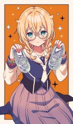 1girl :&lt; alternate_costume amagi_hana black_socks blonde_hair blue_eyes blush bracelet braid cherry cinderella_(vocaloid) commentary_request food food-themed_bracelet fruit glass_footwear glasses hair_between_eyes high-waist_skirt highres holding holding_unworn_clothes hololive jewelry kazama_iroha kazama_iroha_(school_uniform) long_skirt long_sleeves looking_at_viewer low_twin_braids neckerchief official_alternate_hair_length official_alternate_hairstyle orange_background sailor_collar school_uniform semi-rimless_eyewear shoes short_hair sitting skirt socks sparkle_background tears twin_braids unworn_shoes wariza watermark white_sailor_collar