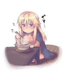 1girl ahoge blanket blonde_hair blush chopsticks cold_pack female_focus food green_eyes koshirae_tsurugi_(m.m) long_hair m.m noodles original pajamas sick solo table