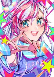 Rule 34 | 1girl, absurdres, blue eyes, blush, colorful, hair bun, haruhata 7, highres, long hair, looking at viewer, multicolored hair, nail polish, open mouth, original, pink hair, pink nails, smile, solo, streaked hair, v, white hair