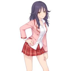 Rule 34 | 1girl, black hair, blazer, breasts, cleavage, closed mouth, collarbone, cowboy shot, hand on own hip, jacket, large breasts, long sleeves, looking at viewer, makoto (princess connect!), makoto (real) (princess connect!), medium hair, miniskirt, official art, open clothes, open jacket, open shirt, pink jacket, pleated skirt, princess connect!, red skirt, school uniform, shirt, skirt, standing, tachi-e, thighs, transparent background, tsubakigaoka metropolitan high school uniform, white shirt, yellow eyes
