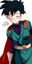 1girl absurdres black_hair blue_eyes breasts cape commentary dragon_ball dragonball_z english_text gloves great_saiyaman_2 head_cha_la highres one_eye_closed red_cape short_hair small_breasts smile solo sweat videl white_gloves