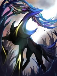 antlers bare_tree bo_(bouillustration) cloud cloudy_sky commentary_request creatures_(company) forest game_freak gen_6_pokemon glowing highres horns legendary_pokemon light_rays nature nintendo no_humans pokemon pokemon_(creature) sky solo sunbeam sunlight tail tree turning_head xerneas
