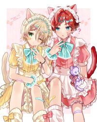 2boys ? amagi_hiiro animal_ears apron aqua_bow bandage_on_face bandages blonde_hair blue_eyes bow cat_ears cat_tail closed_mouth crossdressing dot_mouth dress ensemble_stars! frilled_apron frilled_dress frilled_hairband frills hair_between_eyes hair_ornament hairband hairclip highres leg_warmers looking_at_another looking_at_viewer male_focus multiple_boys one_eye_closed open_mouth puffy_short_sleeves puffy_sleeves red_dress red_hair shiratori_aira_(ensemble_stars!) shisokonbu short_hair short_sleeves tail v white_apron yellow_dress