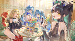 4girls :d armored_boots bare_shoulders black_gloves black_hair black_hairband blonde_hair blue_eyes blue_hair blush boots breasts cake colored_inner_hair commentary cup elbow_gloves food gloves goddess_of_victory:_nikke green_hair gretel_(nikke) hair_intakes hair_ornament hairband hansel_(nikke) holding holding_cup large_breasts little_mermaid_(nikke) long_hair looking_at_another looking_at_viewer multicolored_hair multiple_girls myoushun open_mouth red_boots red_eyes red_shoes_(nikke) short_hair sitting smile symbol-only_commentary table thigh_boots thighs two-tone_hair yellow_eyes