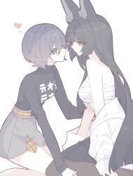 Rule 34 | 2girls, absurdres, animal ears, belle (zenless zone zero), black hair, black pantyhose, black shirt, black skirt, blue eyes, blue hair, closed mouth, fox ears, grey skirt, heart, highres, hoshimi miyabi, long hair, long sleeves, multiple girls, off shoulder, pantyhose, pleated skirt, red eyes, sarashi, shirt, short hair, simple background, skirt, smile, white background, white shirt, yuri, zenless zone zero, zzzii0