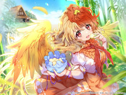 1girl animal animal_on_head arm_garter artist_request bamboo bird bird_on_head bird_wings blonde_hair blue_sky blurry blurry_background cloud copyright_notice dress feathered_wings feathers food highres hut light_particles looking_at_viewer mochi multicolored_hair niwatari_kutaka on_head open_mouth orange_skirt pouch red_hair red_neckwear red_ribbon ribbon short_hair short_sleeves skirt sky solo teeth touhou touhou_danmaku_kagura two-tone_hair upper_body upper_teeth_only vest white_vest wings