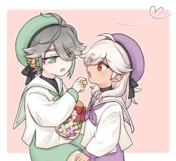 Rule 34 | 2boys, :o, aged down, alhaitham (genshin impact), antenna hair, beret, black choker, black ribbon, black shirt, black undershirt, blush, border, bow, candy, choker, commentary request, cyno (genshin impact), dark-skinned male, dark skin, eyes visible through hair, feeding, food, genshin impact, green eyes, green hair, green headwear, green neckerchief, green shorts, grey hair, hair over one eye, hand up, hat, hat ribbon, headphones, heart, holding, holding food, holding jar, jar, korean commentary, long hair, long sleeves, looking at another, male focus, multicolored hair, multiple boys, neckerchief, open mouth, outside border, parted bangs, pink background, purple headwear, purple neckerchief, purple shorts, red bow, red eyes, resso (resso oo), ribbon, sailor collar, sailor shirt, shirt, short hair, short shorts, shorts, sidelocks, simple background, swept bangs, teeth, undershirt, upper teeth only, white border, white hair, white sailor collar, white shirt