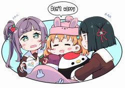 3girls animal_hat beanie black_hair blanket blue_background blunt_bangs blunt_ends blush blush_stickers bob_cut border brown_dress cerise_bouquet closed_eyes commentary_request crossed_bangs dress english_text flower flower_knot flying_sweatdrops green_eyes green_neckerchief hair_bun hair_flower hair_ornament hasu_no_sora_school_uniform hat hinoshita_kaho holding holding_teapot link!_like!_love_live! long_hair long_sleeves love_live! medium_hair momose_ginko multiple_girls neckerchief open_mouth orange_hair otomune_kozue oval_image pink_hat pom_pom_(clothes) pom_pom_beanie purple_hair purple_scarf rabbit_hair_ornament rabbit_hat rectangular_mouth red_flower repunit sailor_collar sailor_dress scarf school_uniform short_hair sick side_ponytail sidelocks sideways_mouth single_side_bun speech_bubble stuffed_animal stuffed_bird stuffed_toy tassel tassel_hair_ornament teapot tsuru_(love_live!) two_side_up upper_body virtual_youtuber white_border white_sailor_collar winter_uniform yellow_neckerchief