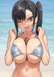 1girl ;d beach between_breasts bikini black_hair blush breasts breasts_squeezed_together commentary_request gaki_kyonyuu highres kaedeko_(kaedelic) large_breasts looking_at_viewer medium_hair navel ocean one_eye_closed open_mouth sasaki_miyuki sea_cucumber sexually_suggestive side_ponytail silver_bikini simulated_paizuri smile solo suggestive_fluid summer swimsuit teeth upper_body upper_teeth_only