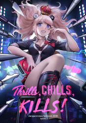 1girl 2018 :d arm_up artist_name bear_hair_ornament black_boots black_bra black_choker black_jacket blonde_hair blue_eyes boots bow bra bra_peek breasts chair choker cleavage collarbone commentary crown danganronpa:_trigger_happy_havoc danganronpa_(series) dart english_commentary english_text enoshima_junko female_focus fingernails foreshortening grin hair_ornament heart jacket knee_boots knife lace-up_boots leg_up long_fingernails long_hair looking_at_viewer medium_breasts miniskirt nail_polish on_chair open_mouth polearm qosic red_bow red_nails red_skirt ringed_eyes scissors short_sleeves sitting skirt smile solo spear spoilers star_(symbol) swept_bangs teeth twintails underwear weapon white_neckwear