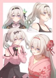 :o alternate_costume alternate_hairstyle black_dress black_tank_top blush breasts cleavage closed_mouth dress firefly_(honkai:_star_rail) grey_hair hair_between_eyes hair_intakes hair_ornament hair_ribbon hairband highres honkai:_star_rail honkai_(series) japanese_clothes kimono kisaragi_yyyui looking_at_viewer looking_to_the_side open_mouth pink_kimono pink_shirt ribbon shirt smile tank_top