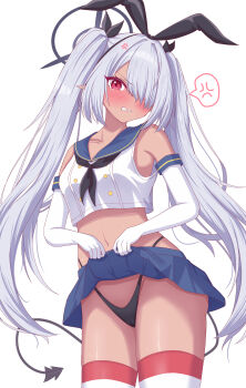 Rule 34 | 1girl, absurdres, angry, babouto, blue archive, blush, breasts, clothes lift, cosplay, dark-skinned female, dark skin, grey hair, highres, iori (blue archive), lifting own clothes, looking at viewer, navel, red eyes, sakura ayane, shimakaze (kancolle), shimakaze (kancolle) (cosplay), shirt lift, simple background, skirt, small breasts, solo, standing, tail, twintails, voice actor connection, white background