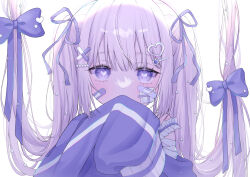 1girl absurdres bandaged_arm bandages bandaid bandaid_on_face blunt_bangs blush bow covered_mouth dress hair_bow hair_ornament hair_ribbon hairclip heart heart-shaped_pupils highres long_hair long_sleeves looking_at_viewer original puffy_sleeves purple_bow purple_eyes purple_ribbon purple_theme ribbon shiolatte simple_background sleeves_past_fingers sleeves_past_wrists solo symbol-shaped_pupils tail tail_ornament tail_ribbon two_side_up upper_body very_long_hair white_background