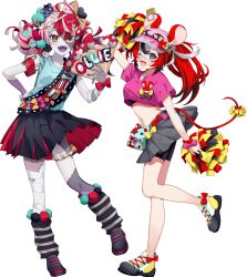 2girls :d ;d absurdres ahoge animal_ear_fluff animal_ears arm_up armband artist_request bandaged_leg bandages baseball_cap bike_shorts bike_shorts_under_skirt black_bra black_hair black_leg_warmers black_nails black_shoes black_shorts black_skirt blue_eyes blue_shirt bow bra bra_peek character_name cheerleader colored_skin colored_tips colored_tongue cropped_shirt crossed_bangs diamond-shaped_pupils diamond_(shape) dice_hair_ornament double-parted_bangs double_bun fangs flame_print full_body grey_hair grey_skin grey_skirt hair_between_eyes hair_bow hair_bun hair_ornament hakos_baelz hand_fan hand_on_own_hip hand_up hat heterochromia highres holding holding_fan holding_pom_poms hololive hololive_english hololive_indonesia kureiji_ollie leg_warmers long_hair looking_at_viewer midriff miniskirt mismatched_pupils mouse_ears mouse_girl mouse_tail mousetrap mr._squeaks_(hakos_baelz) multicolored_hair multicolored_shoes multiple_girls nail_polish navel official_art one_eye_closed open_mouth paper_fan patchwork_skin pink_hair pink_hat pink_shirt pleated_skirt pom_pom_(cheerleading) pom_pom_(clothes) pom_pom_hair_ornament pom_poms print_hat purple_skin purple_tongue red_eyes red_hair red_skirt second-party_source shirt shoes shorts simple_background skirt sleeves_rolled_up smile sneakers stitched_arm stitched_face stitched_leg stitches streaked_hair striped_leg_warmers symbol-shaped_pupils t-shirt tail tail_bow tail_ornament thigh_strap transparent_background twintails two-sided_fabric two-sided_skirt two-tone_skirt udin_(kureiji_ollie) underwear virtual_youtuber white_hair wrist_bow x-shaped_pupils yellow_eyes zombie