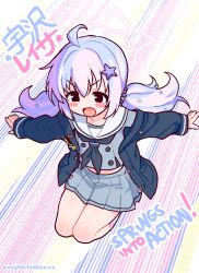 1girl ahoge black_eyes black_neckerchief blue_archive blue_jacket blush character_name commentary english_text full_body grey_shirt grey_skirt hair_ornament halo jacket jaggy_lines long_sleeves midriff miniskirt multicolored_hair neckerchief open_mouth pink_hair pink_halo pleated_skirt pongldr purple_hair reisa_(blue_archive) sailor_collar shirt skirt solo star_(symbol) star_hair_ornament star_halo twintails two-tone_hair watermark web_address white_sailor_collar