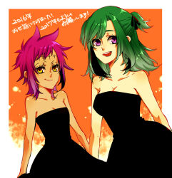 2girls bare_arms bare_shoulders black_dress black_ribbon border breasts cleavage collarbone d.gray-man dark-skinned_female dark_skin dress gradient_background green_hair hair_between_eyes hair_ribbon lenalee_lee looking_at_viewer medium_breasts medium_hair messy_hair multiple_girls noah_(d.gray-man) open_mouth orange_background outside_border pink_hair purple_eyes ribbon road_kamelot short_hair sidelocks small_breasts smile smirk spiked_hair strapless strapless_dress two_side_up white_background white_border woldwolf9 yellow_eyes