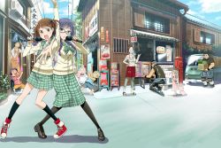5boys 5girls apron black_hair bra braid breasts brown_eyes brown_hair building capsule child cleavage convenience_store day employee_uniform gashapon glowstick grey_hair hair_ribbon hat headband kei_truck large_breasts long_hair long_skirt mailbox microphone motor_vehicle multiple_boys multiple_girls music off_shoulder old old_woman open_mouth original outdoors outstretched_hand pantyhose pickup_truck plaid_clothes plaid_skirt plant pleated_skirt purple_hair ribbon road sandals scenery school_uniform serafuku shoes shop short_hair side_ponytail sign singing skirt smile sneakers storefront stuffed_animal stuffed_rabbit stuffed_toy sunglasses triangle_mouth truck twin_braids underwear wadapen white_hair window