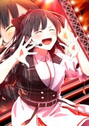 1girl :d ^_^ black_bow black_hair black_jacket bow cherry_bomb_(love_live!) closed_eyes collared_shirt commentary cowboy_shot hair_bow highres jacket long_hair love_live! love_live!_nijigasaki_high_school_idol_club multicolored_jacket ooda_karashi open_mouth pleated_skirt puffy_short_sleeves puffy_sleeves screen_zoom shirt short-sleeved_jacket short_sleeves shouting shouting_with_hands skirt smile solo stage teeth two-tone_jacket upper_teeth_only v-shaped_eyebrows white_jacket white_shirt white_skirt yuki_setsuna