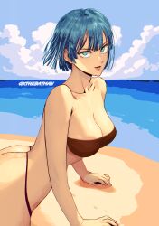 Rule 34 | 1girl, beach, bikini, blue hair, breasts, cloud, colorized, fubuki (one-punch man), green eyes, gxthebatman, highres, large breasts, medium breasts, one-punch man, pale skin, solo, swimsuit, watermark