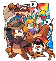 1girl 4boys animal_ears blonde_hair blue_eyes bottomless buck_teeth bug chip_&#039;n_dale_rescue_rangers chip_(disney) chipmunk constricted_pupils cowboy_hat crossed_arms dale_(disney) disney eyeshadow facial_hair fly furry gadget_hackwrench gashi-gashi goggles goggles_on_head hat hawaiian_shirt insect jacket jumpsuit long_hair makeup mickey_mouse_&amp;_friends monterey_jack mouse_boy mouse_ears mouse_girl mouse_tail multiple_boys mustache open_clothes open_jacket purple_jumpsuit shirt squirrel sweatdrop tail teeth v wrench zipper_(chip_&#039;n_dale)
