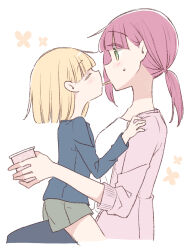 2girls 66ta1yak1 age_difference blonde_hair blue_shirt bob_cut cardigan closed_eyes colored_eyelashes food green_eyes highres long_hair multiple_girls onee-loli original pink_cardigan pocky pocky_kiss ponytail red_hair shared_food shirt shorts white_background yuri