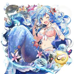 1girl baby_animal bikini bird blue_eyes blue_hair breasts chick hair_ornament large_breasts lizardman long_hair mermaid monster_girl nail_polish one_eye_closed open_mouth piyokichi_(uchihime) poseidon_(uchihime) rowe shell shell_bikini side_ponytail silver_tiara swimsuit turtle uchi_no_hime-sama_ga_ichiban_kawaii water