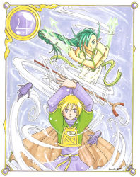 1boy 1girl arrow_(projectile) atalanta_(golden_sun) blonde_hair blue_eyes braid camelot elf golden_sun green_eyes green_hair ivan_(golden_sun) pointy_ears summon