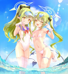 absurdres arm_around_waist arm_up armpits bikini black_ribbon blue_archive blush bow breasts brown_eyes casual_one-piece_swimsuit cloud day demon_girl demon_tail gebukoro123 gloves green_hair green_halo groin hair_bow halo high_heels highleg highleg_one-piece_swimsuit highres hikari_(blue_archive) leg_up long_hair looking_at_viewer navel nozomi_(blue_archive) ocean one-piece_swimsuit open_mouth outdoors pointy_ears ponytail ribbon sailor_collar shoes siblings side-tie_bikini_bottom sisters sky small_breasts smile standing standing_on_one_leg stomach swimsuit tail thigh_strap thighhighs thighs twins twintails v wading water white_bikini white_gloves white_one-piece_swimsuit white_shoes white_thighhighs