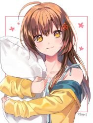 Rule 34 | &quot;rouhou&quot; ore no iinazuke ni natta jimiko ie dewa kawaii shikanai., 1girl, ahoge, artist name, blue bow, blue bra, bow, bra, brown hair, closed mouth, commentary, flower knot, hair ornament, hair over shoulder, highres, hug, hugging object, jacket, kuroda (kuro yyy), long hair, long sleeves, off shoulder, official art, open clothes, open jacket, pillow, pillow hug, signature, sleeves past wrists, smile, solo, underwear, upper body, watanae yuuka, yellow eyes, yellow jacket