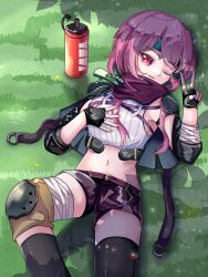 1girl absurdres black_gloves black_hair gloves h_ans_(hmn_anz) heaven_burns_red highres long_hair matsuoka_chiroru navel pink_hair red_eyes scarf shorts solo