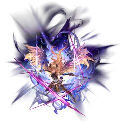 1girl armor bare_shoulders black_gloves black_skirt blonde_hair breasts dark_angel_olivia dual_wielding feathers floating_hair full_body gloves granblue_fantasy holding holding_sword holding_weapon horns long_hair looking_at_viewer medium_breasts official_art pleated_skirt red_eyes shadowverse sheath shingeki_no_bahamut skirt sleeveless solo standing sword thighhighs transparent_background weapon wings zettai_ryouiki